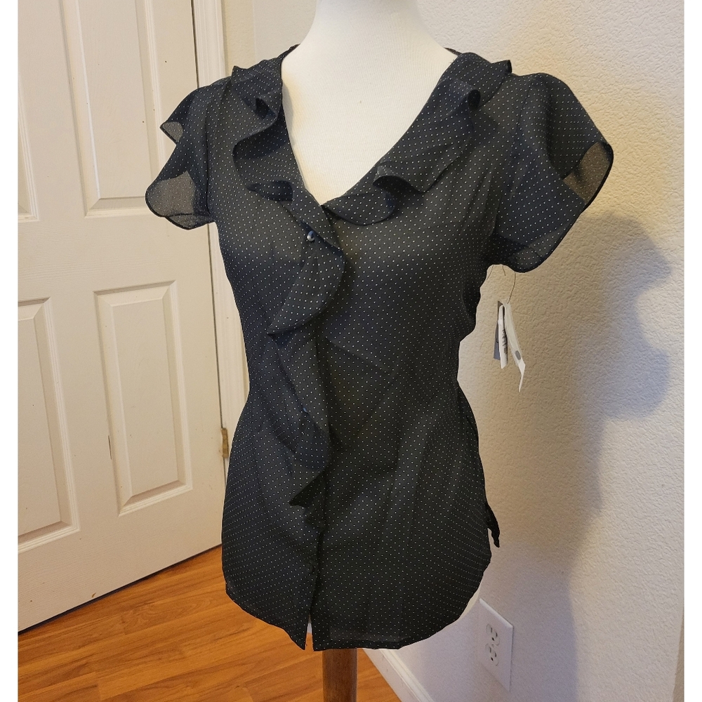 NWT Liz Clairborne Elegant Black Ruffle Blouse Size Small Polka Dot
